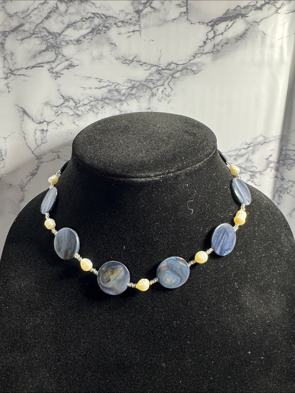 Vintage Source Unknown Blue and Champagne Bead Necklace